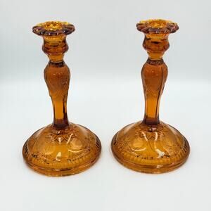 Brockway Indiana Glass Large Tiara Amber Sandwich Candlesticks 9" Set